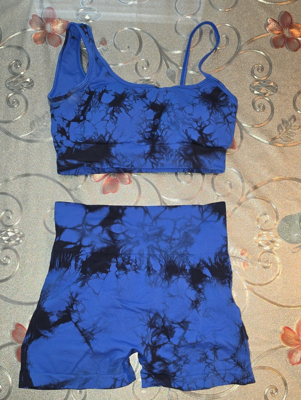 Blue and Black Tie-Dye Workout Set - Crop Top + High-Waist Shorts Small
